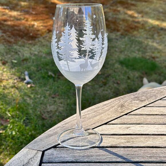 Christmas Tree & Reindeer Stemless Wine Glass 9” Frosted Winter Forest NEW - Picture 1 of 12
